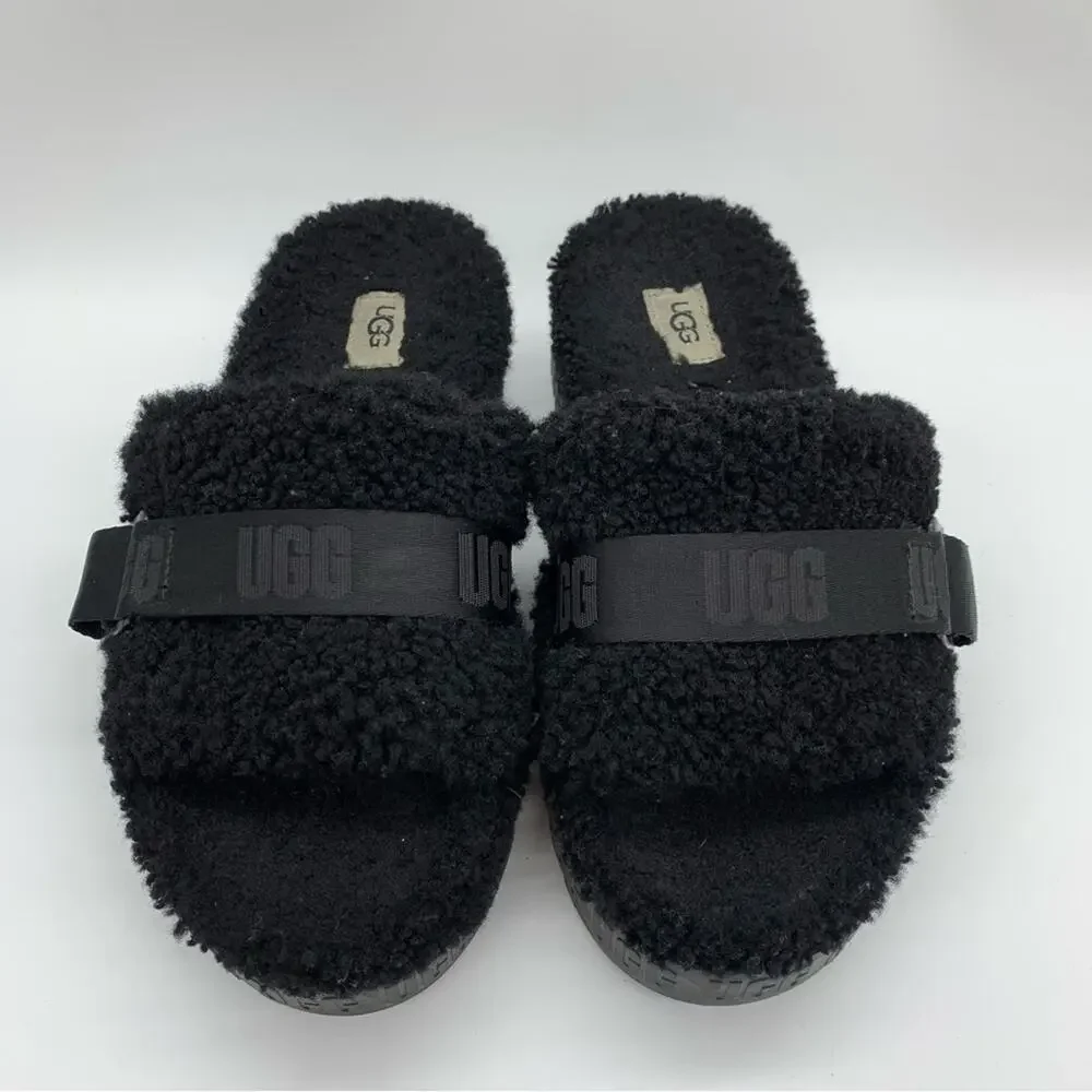 UGG Fluffita Platform Sheepskin Slipper Black Size 9/9.5 Lounge Travel Fuzzy‎ - Picture 6 of 11